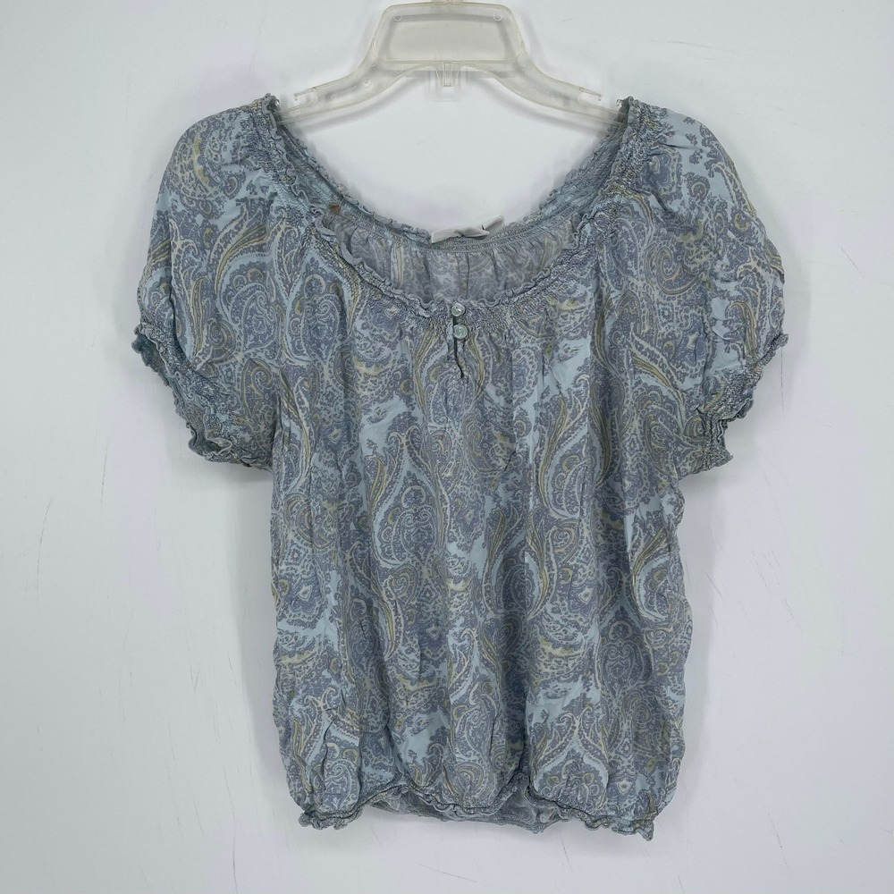 St John's Bay Women's Blue Paisley Smocked Ruffle Boho Peasant Blouse Size XL